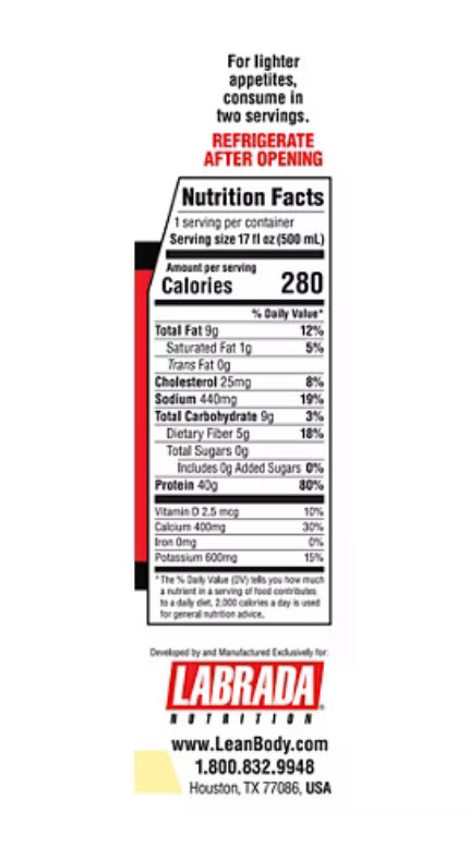 Lean Body Protein Shake| שייק חלבון בטעם וניל 500 מ״ל ו40 גר׳ חלבון